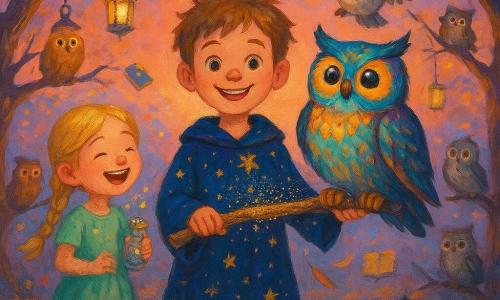 Timéo, garçon apprenti sorcier de 7 ans, souriant et fier, porte une robe courte bleu nuit à motifs d’étoiles dorées, cheveux châtain clair en bataille, tient un perchoir en bois scintillant et se tient au centre; Élodie, apprentie fée d’environ 8 ans, cheveux blonds en tresses, robe vert menthe légère, rit en tenant un petit flacon de poussière d’étoiles, légèrement à gauche derrière Timéo; Hoot, grand hibou multicolore aux yeux pétillants, est perché sur le perchoir, plumes iridescentes, ailes entrouvertes, air content et curieux; quelques hiboux supplémentaires aux plumages variés volètent et se perchent sur des branches autour en public amusé; la Place des Hiboux a des pavés anciens, arbres aux branches dansantes, lanternes suspendues diffusant une lueur chaude, petits livres flottants et guirlandes de lumières, ciel de fin d’après-midi pêche et lavande; scène principale : Timéo présente le perchoir enchanté qui scintille de poussière d’étoiles, la branche semble animée et des plumes colorées flottent, atmosphère joyeuse, magique et chaleureuse; style pictural : peinture acrylique aux coups de pinceau visibles, couleurs vives, textures riches, composition centrée et lisible pour enfants.