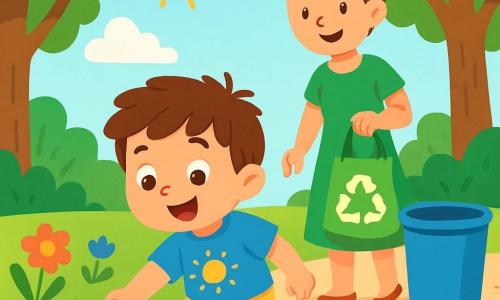 Un petit garçon de 2 ans, Léo, avec des cheveux bruns en désordre et un sourire lumineux, ramasse un morceau de papier sur le sol. Il porte un t-shirt bleu avec un dessin de soleil et un short jaune. Sa maman, une femme d'environ 30 ans avec des cheveux châtains attachés en chignon, sourit en l'encourageant. Elle porte une robe verte et tient un sac de recyclage. La scène se déroule dans un parc ensoleillé, avec de grands arbres et des fleurs colorées. Léo ramasse le papier pour le mettre dans une poubelle bleue, montrant ainsi son amour pour la planète.