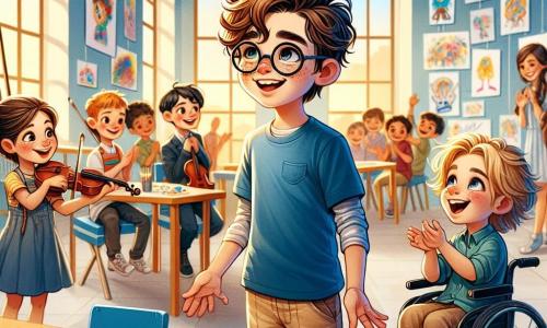Maxime, un garçon de 12 ans aux cheveux bruns en bataille et lunettes rondes, présente fièrement son dessin à ses camarades dans une salle d'exposition colorée. À ses côtés, Léo, 11 ans en fauteuil roulant avec des cheveux blonds, applaudit avec enthousiasme. Élisa, 12 ans, joue du violon en arrière-plan, ajoutant une ambiance festive. La scène met en avant l'importance de l'amitié et de la diversité, avec des parents et enseignants admirant les œuvres d'art des enfants.