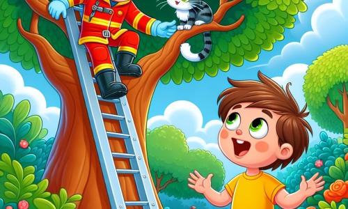 Un pompier souriant en uniforme rouge grimpe une échelle pour sauver un petit chat coincé dans un arbre. À ses côtés, un garçon de 8 ans, avec des cheveux bruns en bataille et un grand sourire, l'observe avec admiration. La scène se déroule dans un parc verdoyant, avec des arbres, des fleurs colorées et un ciel bleu. Le chat, aux poils gris et aux yeux verts, est perché sur une branche, miaulant doucement, tandis que le pompier s'apprête à le sauver, encouragé par les cris de joie du garçon.