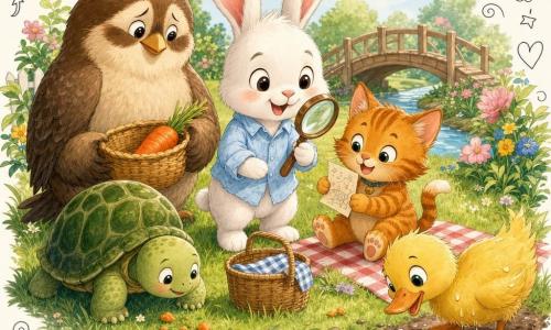 Petit Lapin blanc aux longues oreilles roses, ému et souriant, tient une loupe près d’un panier; la Tortue calme à carapace verte observe les miettes à gauche; le Canard jaune, curieux, se tient près d’un ruisseau à droite; le Chaton orange rayé, malicieux, tient un papier assis sur une couverture; Grand Oiseau brun et crème ouvre le panier de paille au centre, révélant une grosse carotte orange; le tout dans un jardin accueillant avec herbe, fleurs, pont en bois, une nappe à carreaux et quelques miettes, évoquant découverte et partage.