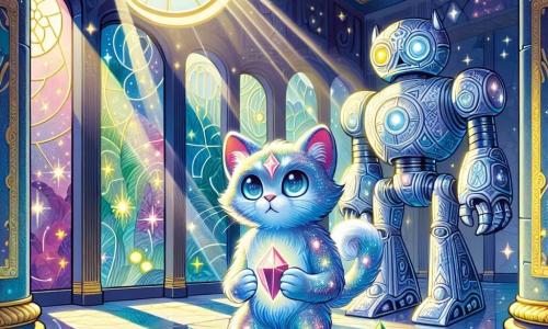 Un félin nommé Nyor, avec une fourrure d’étoiles scintillantes, se tient au centre de la salle, les yeux curieux. Il porte un cristal, la clef photonique, qui brille dans ses pattes. À sa droite, une Sentinelle mécanique, un golem aux articulations métalliques et aux yeux luminescents, l'observe avec une expression protectrice. La salle, vaste et ornée de motifs d’étoiles, est éclairée par un grand dôme de verre, créant une atmosphère mystérieuse. Nyor se prépare à choisir l’un des trois chemins devant lui, déterminé à affronter l’inconnu pour sauver sa cité des ténèbres.