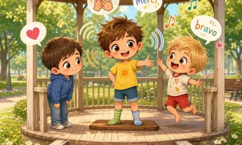 Trois frères dans un kiosque rond en bois d’un parc ensoleillé : Malo, 7 ans et demi, cheveux bruns en bataille, t‑shirt jaune et chaussettes dépareillées, debout sur une planche au centre, souriant et tendant la main ; Léo, presque 7 ans, cheveux châtain courts, sweat bleu et jean, à gauche, penché et souriant timidement ; Sacha, presque 7 ans, blond en bataille, short rouge et taches de purée, à droite, sautillant et riant. Sol en lames de bois, marches usées, toiture verte, pelouse avec pâquerettes et quelques arbres, lumière chaude d’après‑midi. Les frères jouent au « miroir gentil » : gestes de partage, expressions joyeuses, ondes visuelles et bulles (« merci », « bravo »), atmosphère ludique et kawaii aux couleurs saturées et contours doux.
