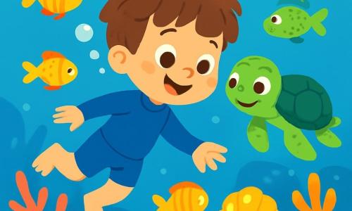 Léo, un petit garçon de 4 ans avec des cheveux bruns en bataille et des yeux curieux, nage joyeusement sous l'eau dans une combinaison de plongée bleue. Il est émerveillé par les poissons colorés qui l'entourent. À ses côtés, une tortue à la carapace verte l'invite à la suivre. Le fond marin est rempli de coraux vibrants et de petits poissons scintillants. Léo découvre un coquillage brillant qui semble l'appeler, tandis que la tortue l'observe avec un sourire complice.