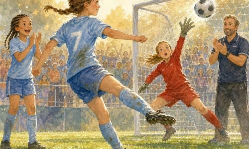 Jeune footballeuse au sourire confiant et tresse brune, maillot bleu clair taché d'herbe, frappe du pied droit vers la lucarne ; à gauche Fatou, environ 10 ans, peau mate et nattes, applaudit joyeusement ; gardienne adverse d'environ 11 ans en tenue rouge, mains tendues, visage surpris mais fair-play, près du but ; Monsieur Paul, entraîneur d'une quarantaine d'années, barbe légère et polo sombre, applaudit au bord du terrain ; pelouse verte humide de rosée, petit but métallique à filet blanc et tribunes en arrière-plan pleines de silhouettes de parents ; lumière dorée du matin, nuages aquarellés et textures peintes, rehauts blancs pour les éclats sur le ballon et la rosée ; scène centrée sur le tir décisif, ballon en plein vol vers la lucarne, ambiance collective et chaleureuse.