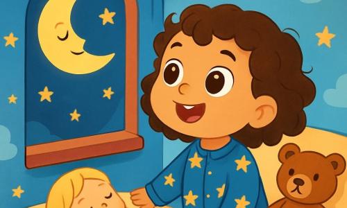 Une petite fille de 2 ans, Lila, avec de grands yeux doux et des cheveux bouclés, regarde la lune par la fenêtre avec émerveillement. Elle sourit et porte un pyjama bleu avec des étoiles dorées. À côté d'elle, sa poupée aux cheveux blonds et à la robe rose est allongée sur le lit, tandis que son ours en peluche marron est assis sur le coussin. La scène se déroule dans une chambre chaleureuse, peinte en bleu ciel, avec des murs décorés de nuages et d'étoiles scintillantes. Une douce lumière de lune crée une ambiance magique. Lila se demande pourquoi la lune brille, tandis qu'un vent léger caresse son visage.