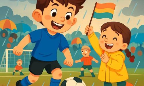Lucas, un jeune homme souriant, dribble un ballon de football sur un terrain boueux, vêtu d'un maillot bleu, de shorts noirs et de crampons brillants. À ses côtés, sa sœur Léa, 7 ans, avec des tresses brunes et un imperméable jaune, brandit un drapeau coloré. En arrière-plan, des spectateurs avec des parapluies colorés assistent à la scène sous la pluie. Lucas passe le ballon à son ami Marco, 8 ans, prêt à tirer au but, créant une atmosphère énergique et amicale malgré le temps maussade.