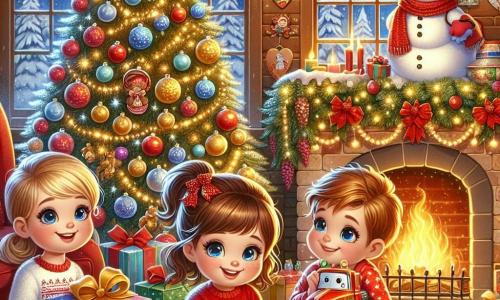 Dans une maison chaleureuse décorée pour Noël, trois enfants sont réunis autour d'un sapin scintillant. Léa, 8 ans, avec des cheveux bruns et bouclés, déballant un cadeau, est vêtue d'un pull rouge avec un motif de renne. Tom, 7 ans, avec des cheveux blonds en bataille, est accroupi à côté d'elle, tenant un camion de pompiers rouge. Chloé, 6 ans, avec des cheveux châtains et une frange, est assise dans un fauteuil, portant un pyjama à étoiles et tenant un bracelet en forme de cœur. Le sapin est décoré de guirlandes dorées et de boules colorées, avec des cadeaux éparpillés autour. La scène dégage une atmosphère festive et magique, remplie de rires et de joie en ce jour de Noël.