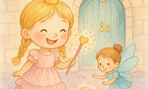 La princesse Lili, d'environ 5 ans, sourit malicieusement; vêtue d'une robe rose à volants et de nattes blondes, elle tient une baguette magique rose ornée d'un cœur doré qui diffuse un léger éclat et des confettis colorés. À côté d'elle vole une minuscule fée bleue de la taille d'un pouce aux ailes translucides, qui tente d'attraper une boule rieuse lumineuse roulant vers elle. Elles se trouvent dans une grande salle de château aux murs de pierre claire, tapis lavande, guirlandes de bonbons et porte en bois menthe avec clochettes; l'ambiance est lumineuse, douce et joyeuse.