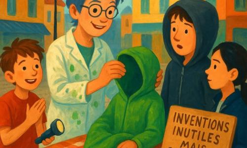 Mado, inventrice souriante aux cheveux courts gris-bleu et lunettes rondes, en blouse tachée de peinture tient précieusement une capuche verte; autour d’elle, Nino (12 ans, t-shirt rouge) applaudit timidement avec une lampe de poche à gauche, Mira (11 ans, queue de cheval, veste marine) observe à droite les mains dans les poches, et Hugo (≈14 ans, sweat sombre) porte la capuche, surpris et ému; la scène se déroule sur une petite place pavée devant un stand en bois à nappe à carreaux marqué «Inventions inutiles mais gentilles», biscuits sur une assiette, lampadaire ancien et immeubles colorés en arrière-plan, atmosphère chaleureuse et légère, couleurs vives et textures de gouache visibles.