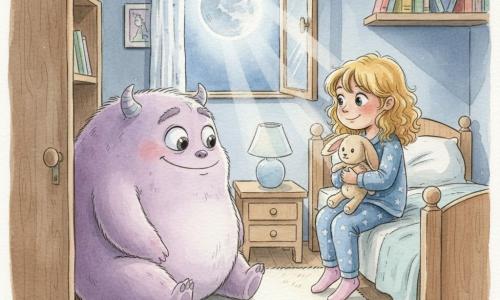 Fille de 6 ans aux yeux curieux et rassurés, cheveux blonds bouclés, pyjama bleu à petites étoiles, assise au bord d’un lit en bois en tenant un doudou lapin beige contre sa poitrine ; un monstre de placard non humain, grand et rond, pelage velouté lavande, grands yeux lumineux et sourire doux, assis près d’une porte de placard entrouverte et la regardant avec bienveillance ; petite chambre chaleureuse avec tapis crème, lampe de chevet éteinte, couverture pliée, étagères de livres colorés et fenêtre ouverte laissant entrer une lune argentée ; scène face à face dans la pénombre bleutée de la nuit, lumière de lune et ombres douces, ambiance calme et magique, tons pastels aquarelle, textures floues et contours délicats.