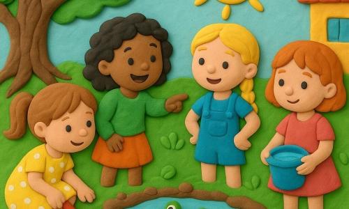 Quatre filles de 6 ans — Emma, cheveux châtain clair en couette, accroupie à gauche avec une petite pelle rouge ; Lila, cheveux bouclés noirs, debout près du centre gauche, pointant la flaque en souriant ; Zoé, cheveux blonds en tresse, au centre droit, mains sur les hanches, regard curieux vers la grenouille ; Mia, cheveux roux courts, à droite, tenant un seau bleu — dans un jardin ensoleillé au fond d'une maison, herbe verte, grandes racines d'un vieux chêne et petites pierres autour d'une flaque boueuse aménagée en mini-piscine. Les quatre petites enquêtrices installent un bassin pour une grenouille verte qui saute au milieu ; scène joyeuse aux couleurs vives, textures visibles et expressions émerveillées.