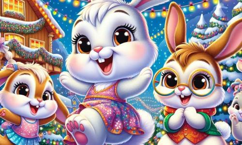 Léo, un petit lapin gris clair aux grandes oreilles et au sourire pétillant, danse joyeusement entouré de guirlandes colorées. À ses côtés, Max, un lapin brun aux yeux brillants, saute avec enthousiasme, tandis que Lily, une lapine à lunettes et au pelage blanc, applaudit en riant. Ils se trouvent dans un charmant village de lapins avec des maisons en bois décorées de neige et une grande carotte illuminée au centre. Les lapins célèbrent le Nouvel An, dansant et riant sous un ciel étoilé, avec des feux d'artifice colorés créant une ambiance festive.
