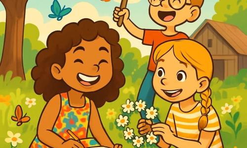 Emma, une fille de 12 ans aux cheveux bruns et bouclés, est assise sur l'herbe, entourée de fleurs sauvages. Elle porte une robe légère et dessine avec des crayons de couleur, souriante. À côté d'elle, Clara, également âgée de 12 ans avec des tresses blondes et un t-shirt à rayures, l'observe en tenant une couronne de pâquerettes. Luc, un garçon de 9 ans avec des lunettes, se tient derrière eux, riant et brandissant un bâton comme une épée imaginaire. Ils se trouvent dans un jardin luxuriant, illuminé par la lumière dorée, avec une vieille grange en arrière-plan et des papillons colorés. Cette scène montre Emma et ses amis créant des souvenirs d'été remplis de rires et de créativité.
