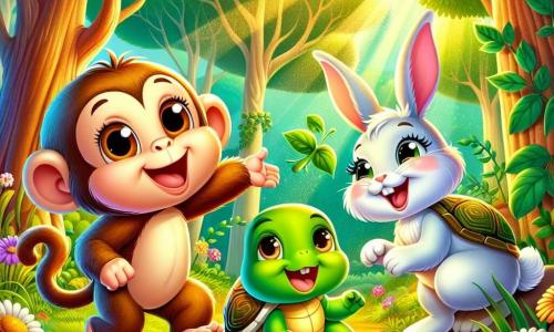 Mimi, la petite guenon espiègle, a un pelage brun clair et des yeux pétillants de curiosité. Elle saute joyeusement sous un grand arbre, souriante. Léo, le lapin aux grandes oreilles blanches et au pelage doux, se tient à côté d'elle, riant avec une carotte. Zoé, la tortue au dos vert et aux yeux malicieux, est assise sur une pierre, chantant avec une feuille. La scène se déroule dans une forêt enchantée, remplie d'arbres majestueux et de fleurs colorées. Des rayons de soleil filtrent à travers les branches. Mimi cherche sa banane magique, prête à jouer à cache-cache avec ses amis.