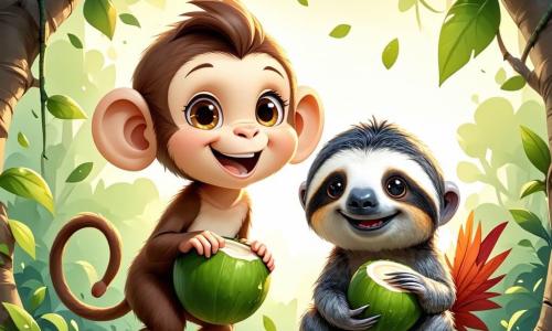 Kiki, une guenon espiègle au pelage brun doré et aux grands yeux pétillants, saute d'une branche à l'autre, souriante. À ses côtés, Léon, le paresseux aux yeux doux, se balance lentement avec une noix de coco. Barnabé, le coq flamboyant, chante gaiement, tandis que Lulu, la vache aux taches blanches et noires, peint des motifs colorés. La scène se déroule dans une jungle vibrante avec des palmiers et des fleurs éclatantes, sous un ciel bleu. Kiki et ses amis sont en pleine chasse au trésor, riant et s'amusant, entourés d'indices cachés et de trésors colorés, créant une atmosphère joyeuse.