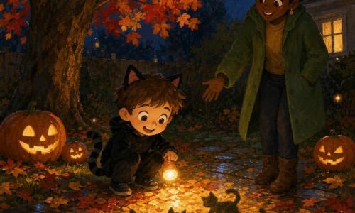 Un garçon de 4 ans, émerveillé, tient une petite lampe orange diffusant une lumière chaude; en costume de chat noir avec oreilles et queue rayée, accroupi près d'un tapis de feuilles mouillées, il retrouve la lampe sous un grand chêne aux feuilles rouges et dorées. Sa mère d'une trentaine d'années, souriante et rassurante, en veste verte et chignon, se tient légèrement en arrière et tend la main vers lui. Le jardin est un soir d'automne avec des citrouilles sculptées éclairées sur la pelouse, des pierres de chemin humides et de longues ombres; la lampe crée des reflets chauds sur les feuilles et des silhouettes de chats dansantes autour d'eux.