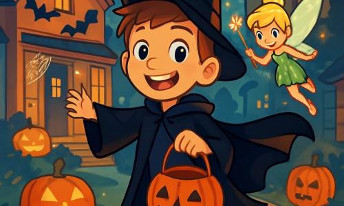 Un garçon de 10 ans, Timothée, se tient au centre de l'image, vêtu d'un costume de sorcier noir avec une cape et un chapeau pointu. Il sourit avec excitation, ses yeux brillants d'émerveillement. À ses côtés, une petite fée clochette, aux ailes scintillantes et à la robe étincelante, vole joyeusement, tenant une baguette magique. Le décor est un quartier d'Halloween avec des maisons décorées de citrouilles et de toiles d'araignées, une brume légère flottant dans l'air. Timothée et la fée se tiennent devant une maison ornée de chauves-souris en papier, prêts à entrer pour récolter des bonbons, tandis que des lanternes en forme de citrouille illuminent le chemin.