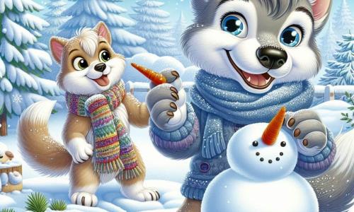 Un jeune loup nommé Léo, avec un pelage gris et des yeux pétillants, construit un bonhomme de neige dans un jardin enneigé. Il sourit, les pattes pleines de neige, tenant une carotte pour le nez du bonhomme. Sa maman, Louisa, une louve au pelage brun clair avec une écharpe colorée, l'observe avec fierté en tenant une assiette de gaufres à la cannelle. Le jardin est couvert de neige scintillante, avec des sapins ornés de flocons et un ciel bleu clair. Léo façonne le bonhomme de neige, tandis que sa mère l'encourage, créant une atmosphère chaleureuse et joyeuse.