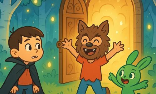 Trois personnages se trouvent dans une clairière magique : Louis, un garçon de 10 ans déguisé en vampire, curieux et inquiet ; Max, également âgé de 10 ans, déguisé en loup-garou, souriant et enthousiaste ; et Pooky, une petite créature verte ressemblant à un lapin, sautillant joyeusement. La clairière est entourée d'arbres aux troncs argentés et aux feuilles scintillantes, avec une porte ancienne au centre menant à un monde féerique. Les personnages expriment leur émerveillement, Louis et Max regardant Pooky qui pointe vers la porte magique, prêt à les entraîner dans une aventure.