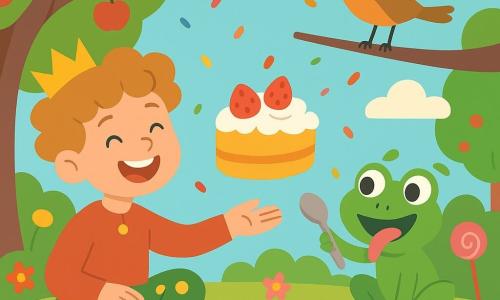 Le prince Pistache, garçon joyeux aux cheveux bouclés caramel, en pantalon vert à pois jaunes, assis en tailleur tend la main pour couper un gâteau flottant ; la grenouille Biscotte, coquine et enthousiaste, peau verte brillante, lèche une cuillère près de sa jambe droite ; le merle Mimolette, petit et fier, plumage brun-orange, perché sur une branche agite les ailes comme pour applaudir ; le gâteau doré et rond, coiffé d’une grosse crème fouettée blanche et de fraises rouges, flotte au‑dessus d’une nappe à pois ; le verger coloré présente des pommiers au tronc torsadé, de l’herbe parsemée de fleurs et de bonbons géants, un ciel pastel avec quelques nuages en sucre ; tous les amis sont rassemblés en cercle sous un arbre, des confettis en sucre tombent doucement, ambiance lumineuse, douce et ludique.