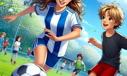 Camille, une jeune femme sportive aux cheveux brun caramel, est au centre de l'image, souriante et pleine d'énergie, portant un maillot bleu et blanc. Elle dribble un ballon de football, ses yeux pétillants de joie et de détermination, tout en encourageant les enfants autour d'elle. À sa droite, Lucas, un garçon de douze ans avec des cheveux blonds ébouriffés, est concentré et prêt à recevoir le ballon, vêtu d'un short rouge et d'un t-shirt noir. En arrière-plan, un terrain de football verdoyant, bordé d'arbres en fleurs, est rempli d'enfants qui s'entraînent et s'amusent sous un ciel bleu et ensoleillé. La scène illustre Camille transmettant sa passion pour le football, un moment de partage et d'apprentissage sur le terrain.