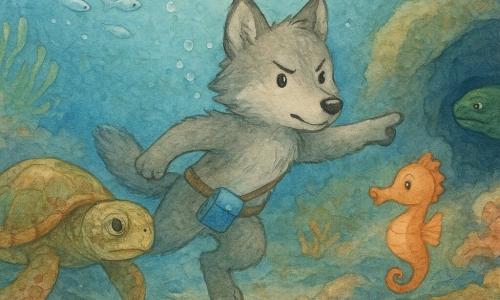 Loupiot, jeune loup anthropomorphe au pelage gris mouillé et brillant, nage avec détermination en montrant l’entrée d’une crevasse tandis qu’une tortue marine sage à carapace verte et brune ouvre lentement le chemin à gauche et Plic, un hippocampe corail vif, virevolte à droite en indiquant la crevasse du bout de sa queue; une murène prudente reste dans son trou rocheux, un banc de poissons argentés et quelques poissons-clowns observent en arrière-plan, le tout sur un récif rocheux coloré aux algues ondulantes et rayons de lumière filtrants, ambiance de courant fort maîtrisé, couleurs douces et contrastes de bleu profond avec accents chauds, rendu aquarelle texturé et atmosphère rassurante et légèrement magique.