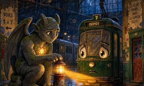 Marnie, une gargouille de pierre assise aux fines craquelures et mousse verte, pose sa patte rugueuse sur un petit phare pour l’allumer; à côté, un tram anthropomorphe vert bouteille aux phares comme des yeux inquiets mais décidés respire un léger soulagement, tandis que, dans un dépôt cathédrale de tôle et verre aux poutres noires et flaques réfléchissantes, des rames endormies et des pigeons mécaniques observent pendant une tempête battante où le faisceau chaud de Marnie traverse la pluie bleutée, créant une ambiance intime et héroïque en gouache aux couleurs profondes et textures visibles.