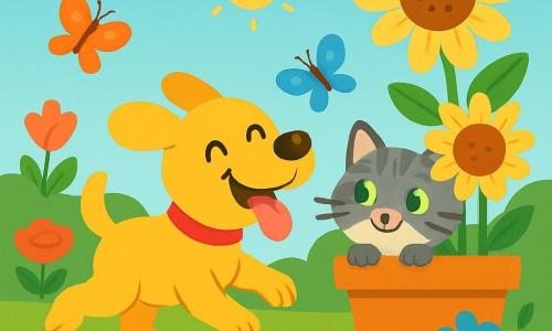 Un chien joyeux, Max, avec un pelage doré et des yeux malicieux, saute dans un jardin ensoleillé, la langue pendante et un grand sourire. À côté de lui, Mimi, une chatte malicieuse aux poils rayés gris et blancs, se cache derrière un pot de fleurs, ses yeux verts trahissant son amusement. Le jardin est rempli de fleurs colorées et de papillons. Max joue à cache-cache, cherchant sa petite amie avec enthousiasme, tandis que Mimi essaie de ne pas rire.