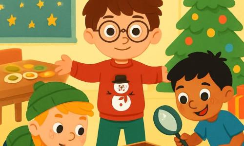 Trois personnages sont présents : Léo, un garçon de 7 ans avec des cheveux bruns en bataille et des lunettes rondes, portant un pull rouge avec un bonhomme de neige, se tient au centre, les bras écartés. Tom, un garçon de 6 ans avec des cheveux blonds et des taches de rousseur, porte un bonnet vert et une écharpe rayée, et est à gauche de Léo, penché en avant, regardant sous une table. Maxime, un garçon de 7 ans avec des cheveux noirs et un grand sourire, porte un t-shirt bleu et un pantalon en jean, et se trouve à droite de Léo, tenant une loupe et scrutant le sol. La scène se déroule dans une salle de classe festive, décorée de guirlandes scintillantes et d'un grand sapin de Noël entouré de paquets colorés. Une boîte vide indique que des friandises ont disparu. Les trois amis enquêtent pour retrouver la boîte de biscuits disparue, affichant des expressions déterminées.