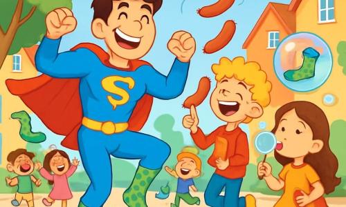 Super Stéphane, homme aux cheveux bruns en bataille, porte un costume de super-héros bleu avec une cape rouge et sourit joyeusement en dansant au milieu d'une fête chaotique de chaussettes. Ses chaussettes à pois verts sautent autour de lui. À ses côtés, Super Riton, un garçon de 10 ans aux cheveux blonds bouclés, jongle avec des saucisses rôties tout en essayant de garder l'équilibre sur un pied. Non loin, Super Lulu, une fille de 9 ans aux cheveux longs et ondulés, souffle des bulles de savon géantes qui capturent des chaussettes. La scène se déroule dans une rue animée d'un quartier ensoleillé, avec des maisons colorées et des arbres verdoyants. Des ballons flottent et des enfants dansent autour des héros, créant une ambiance festive pleine de rires et d'énergie.