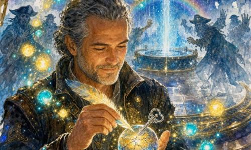 Orion, gardien d'une cinquantaine d'années, cheveux poivre et sel et barbe courte, apparaît calme et fier, souriant légèrement tandis qu'il répare délicatement le Cœur d'Avalon — une petite sphère de cristal fissurée émettant une lueur dorée et bleue — en appliquant une plume de lumière et une clé d'argent sur la fissure; autour de lui, des lucioles cosmiques jaunes et turquoises forment une couronne brillante projetant des reflets sur son visage; en arrière-plan, des silhouettes fantomatiques de pirates, dessinées en lavis gris-bleu, reculent; le tout se déroule dans une salle ronde suspendue dans l'espace, murs de métal poli et pierre noire parsemés d'engrenages flottants, sphères de cristal au plafond, bras mécaniques en laiton et une fontaine centrale — la Source Lumina — jaillissant d'une eau bleu-argent lumineuse; scène de réparation héroïque baignée d'une palette douce de bleus profonds, ors chauds et turquoises, style aquarelle enfantine détaillée, traits doux et ambiance merveilleuse et rassurante.