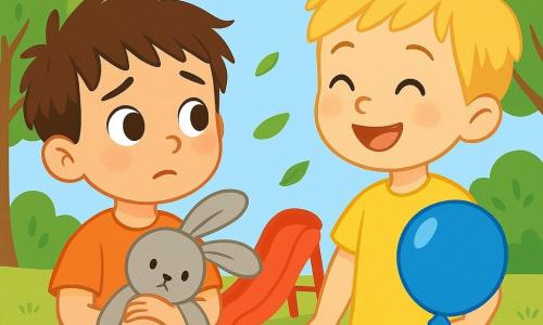 Léo, un petit garçon de 4 ans aux cheveux bruns en bataille et aux grands yeux ronds, regarde timidement Sami, un autre enfant de son âge avec des cheveux blonds et un sourire éclatant. Léo serre son doudou lapin gris contre son cœur. Ils se trouvent dans un parc ensoleillé, entouré d'arbres et de fleurs, avec un toboggan rouge en arrière-plan. Léo, nerveux, essaie de regarder Sami dans les yeux, tandis que le vent fait danser les feuilles.