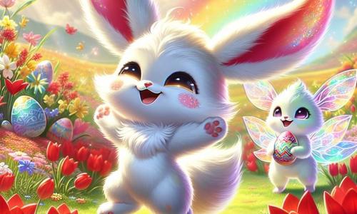 Flocon, un petit Luminou aux grandes oreilles et au pelage blanc parsemé de taches colorées, brille sous le soleil. Il sourit, excité, en dansant au milieu d'un champ de tulipes rouges. À proximité, Lila, un autre Luminou avec des ailes translucides et un pelage rose, l'observe avec admiration en tenant un œuf de Pâques coloré. Le champ fleuri est baigné de lumière dorée, avec des tulipes rouges, des fleurs bleues et jaunes dansant au vent, tandis qu'un arc-en-ciel ajoute une touche magique. Flocon et Lila célèbrent la chasse aux œufs de Pâques, entourés de fleurs colorées et d'éclats de lumière émanant des œufs cachés, créant une atmosphère joyeuse.