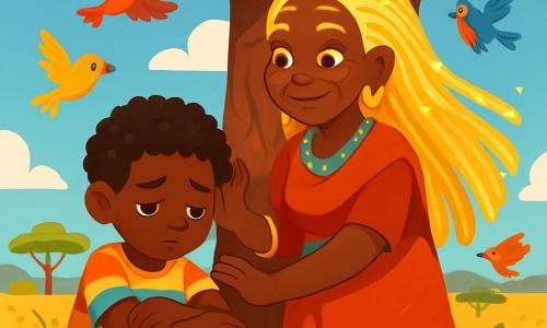 Mama Yara, une femme âgée au visage doux, se tient sous un baobab, ses cheveux tressés scintillant. Elle affiche une expression bienveillante, les yeux pétillants de sagesse, posant une main sur l'écorce de l'arbre. Samba, un garçon de dix ans aux cheveux crépus et aux yeux tristes, est assis à ses pieds, cherchant du réconfort. Il porte un t-shirt coloré et un short léger. Le décor est une brousse vibrante avec des herbes dorées et un ciel bleu. Mama Yara écoute attentivement Samba, qui lui confie ses soucis concernant sa sœur, exprimant une connexion profonde entre eux, tandis que des oiseaux colorés volent autour d'eux.