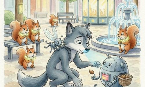 Petit Loup, un jeune loup anthropomorphe gris-bleu, accroupi et prudent, tend la patte sous un banc pour réparer un robot-distributeur de noisettes pendant que Lumo, une luciole-robot argentée posée sur son épaule, éclaire la vis d'un faisceau bleu ; plusieurs écureuils du futur, équipés de ceintures lumineuses, observent surpris et reconnaissants, tandis que la place urbaine futuriste — pavés brillants, arbres éclairés, fontaine à bulles et kiosque lumineux — fait cadre et une montre arc-en-ciel posée à côté émet une lueur douce.