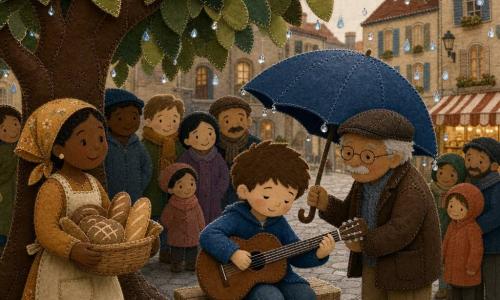 Théo, jeune homme timide et serein, joue doucement de sa guitare en souriant; à gauche sous un grand chêne massif, Mia la boulangère, souriante et attentive, tient un panier de pain tandis que Papi Jules, un homme âgé bienveillant, protège la guitare avec un parapluie bleu; la scène se déroule sur une grande place pavée, il pleut doucement (gouttes figurées par perles et petits morceaux de tissu bleu) et plusieurs habitants en silhouettes simples se rassemblent au sec sous l'arbre.