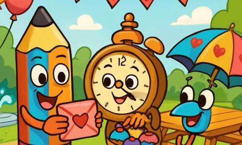 Crayou, un crayon joyeux avec des couleurs éclatantes, se tient au centre de la scène, souriant et tenant une enveloppe rose. À ses côtés, Mademoiselle Horloge, une horloge ancienne avec des aiguilles dorées, le regarde avec excitation en tenant un panier de cupcakes colorés. Un peu plus loin, Monsieur Parapluie, un parapluie multicolore avec des motifs de cœurs, s'approche, ravi de recevoir la lettre. La scène se déroule dans le parc de Trésorville, décoré de guirlandes en forme de cœur et de ballons, sous un ciel bleu clair avec des nuages blancs. Au fond, une fontaine scintillante ajoute une touche magique à l'ambiance festive. Crayou, Mademoiselle Horloge et Monsieur Parapluie partagent des rires et des douceurs autour d'une table de pique-nique, illustrant la joie de l'amitié et l'esprit de la Saint-Valentin.