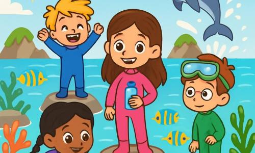 Quatre enfants explorent un lagon tropical : Lila, 8 ans, en combinaison de plongée rose, souriante et prête à explorer ; Tom, 7 ans, en combinaison bleue, sur un rocher, levant les bras en signe de victoire ; Malo, 8 ans, en combinaison verte, observant les poissons avec ses lunettes de plongée sur le front ; et Jade, 6 ans, en combinaison violette, accroupie près d’un rocher, admirant une étoile de mer. Le lagon, avec son eau cristalline, est orné de coraux colorés et de poissons rayés. Les enfants s'amusent et s'encouragent, tandis qu'un dauphin joue au loin.