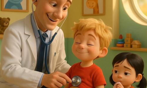 Un médecin grand et souriant en blouse blanche, cheveux courts bruns et regard doux, écoute le ventre d’un garçon d’environ 5 ans nommé Léo avec un stéthoscope bleu ; Léo, cheveux blonds en bataille, t‑shirt rouge, assis sur la table d’examen, a une expression soulagée et un petit pansement à la main ; à côté, Emma, environ 4 ans, cheveux noirs en couettes, semble fatiguée mais calme, tient un mouchoir rose et est assise sur une petite chaise ; le cabinet lumineux et coloré aux murs pastel jaunes et verts, posters d’animaux souriants, jouets en bois sur une étagère et une grande fenêtre ronde, dégage une atmosphère chaleureuse et rassurante lors de ce moment tendre de soin.