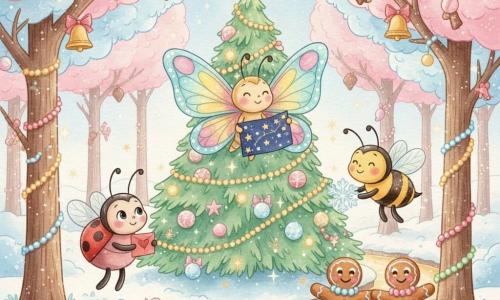 Le petit papillon Pollen, aux ailes scintillantes bleu ciel, rose et jaune, sourit posé sur une branche en tenant un ciel étoilé en papier ; à gauche du sapin, Miel la coccinelle rouge à pois tient une carte en forme de cœur près du tronc ; à droite, Buzz l'abeille jaune et noire vole en tenant un flocon de neige ; deux bonshommes en pain d'épice dansent bras liés au bord d'une rivière de lait et de miel ; le tout se déroule dans une forêt de gelée aux arbres de barbe à papa garnis de bonbons et de clochettes en chocolat, autour d'un grand sapin décoré, dans une ambiance de Noël chaleureuse et conviviale.