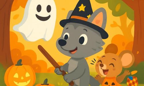 Un petit loup nommé Léo, avec un pelage gris et des yeux curieux, se tient au centre de la clairière, souriant. Il porte un chapeau de sorcier noir orné d'étoiles et tient un bâton, prêt à frapper une piñata en forme de fantôme. À côté de lui, sa meilleure amie, une petite souris nommée Sophie, avec un pelage brun clair et de grandes oreilles, saute de joie, vêtue d'un costume de citrouille et tenant un sac à bonbons. La clairière est éclairée par des lanternes en citrouille, entourée d'arbres aux feuilles dorées et oranges, créant une ambiance festive d'Halloween. Léo et Sophie, avec d'autres animaux déguisés, s'apprêtent à frapper la piñata remplie de bonbons, tandis que des rires et des cris de joie résonnent, capturant l'esprit magique de cette nuit.