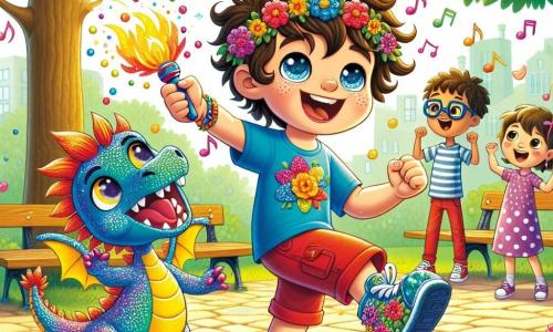 Léo, un garçon de 8 ans aux cheveux ébouriffés et aux yeux pétillants, danse joyeusement dans un parc ensoleillé, entouré de fleurs colorées. Il porte un t-shirt bleu et un short rouge. À ses côtés, un dragon multicolore nommé Dragi sourit en soufflant des flammes colorées. Des enfants du quartier les regardent avec émerveillement, riant et applaudissant. Le parc est rempli d'arbres, de bancs en bois et de rayons de soleil, créant une ambiance joyeuse. Léo et Dragi dansent, célébrant l'amitié et la magie d'une journée d'aventure.