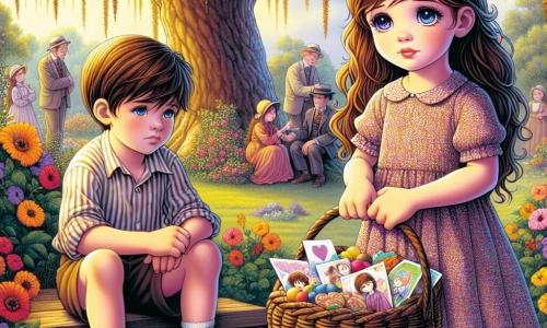 Au premier plan, Louise, une fille de 10 ans aux longs cheveux bruns et aux yeux pétillants, se tient debout avec un visage mélancolique et doux. Elle porte une robe légère à fleurs et tient un petit panier rempli de biscuits et de dessins colorés, regardant tendrement un ami. À côté d'elle, Tom, un garçon de 9 ans aux cheveux châtains et aux yeux tristes, est assis sur une balançoire en bois, perdu dans ses pensées. Le décor est un jardin verdoyant sous un grand chêne aux feuilles dorées, avec des fleurs colorées dansant au vent. En arrière-plan, des proches de Tom partagent des souvenirs, créant une atmosphère paisible et émotive. Louise tend son panier vers Tom, lui offrant un soutien chaleureux, tandis qu'une lumière douce filtre à travers les branches, symbolisant l'espoir et la mémoire des êtres chers disparus.