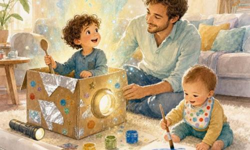 Un garçon de 4 ans aux cheveux bruns bouclés et sourire émerveillé est assis dans une boîte en carton décorée, tenant une cuillère en bois; son père d'environ 35 ans, barbe légère et chemise pastel, accroupi à côté, main sur le bord, regard protecteur; un bébé d'environ 1 an avec bavoir coloré peint un grand rond bleu au pinceau sur le tapis crème; autour, pots de peinture, rouleaux de papier et gommettes; une lampe torche fait office de « soleil » de la boîte d'où émane une douce lumière dorée et de petites étincelles bleues, ambiance chaude et aquarelle.