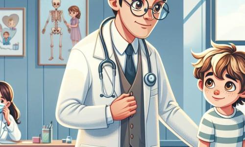 Le docteur Lucien Morel, un homme d'une trentaine d'années avec des cheveux bruns bouclés et des lunettes rondes, porte une blouse blanche et un stéthoscope. Il examine un jeune patient, Paul, un garçon de douze ans aux cheveux blonds en bataille et aux joues rosies par la fièvre, assis sur une table d'examen avec une lueur d'espoir dans les yeux. Marie, l'assistante du docteur, une femme d'une vingtaine d'années avec des cheveux châtains en chignon, prépare des dossiers près du comptoir d'accueil tout en souriant. Le cabinet médical est chaleureux, décoré de dessins d'enfants et d'une maquette de squelette, avec une lumière douce filtrant à travers les fenêtres. Lucien écoute le cœur de Paul, qui affiche une attitude courageuse malgré sa fatigue, illustrant la confiance entre le médecin et son patient.