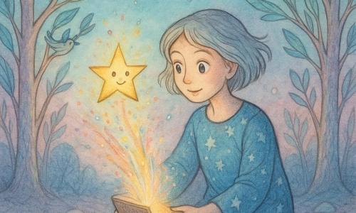 Luma, femme aux traits doux et grands yeux, cheveux courts argentés flottant, s'agenouille et ouvre un petit coffret lumineux qu'elle tient entre ses mains; une petite étoile parlante, sphère dorée scintillante à pointes, danse au‑dessus en envoyant des étincelles colorées; derrière elle, des arbres chantants élancés à écorce irisée et feuilles plume lumineuses forment un arc tandis que des oiseaux‑plumes bioluminescents volètent; la scène se déroule dans une clairière d'une planète étrangère au sol parsemé de pierres translucides, brumes violettes basses et ciel turquoise‑rose avec comètes et petites lunes; une pluie d'étoiles filantes jaillit du coffret, illuminant Luma et la petite étoile, atmosphère chaleureuse et magique aux contrastes doux entre traits d'encre et lavis aquarelle lumineux.