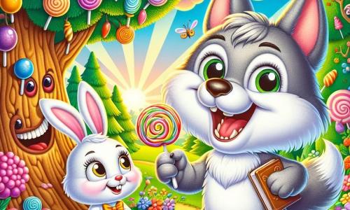 Illustration d'un petit loup joyeux avec un pelage gris et des yeux pétillants, devant un arbre à bonbons coloré. Il sourit, prêt à attraper une sucette. À côté, un arbre à bonbons anthropomorphe sourit, ses feuilles vibrantes de joie. Un peu plus loin, une lapine avec un chapeau en forme de carotte observe la scène, émerveillée, avec un carnet de notes. Le décor est une forêt enchantée, colorée et magique. Le loup raconte une blague à l'arbre à bonbons, tandis que la lapine les regarde, amusée. Des bonbons flottent autour, des nuages en forme de chaussettes sont dans le ciel, et des petits animaux dansent en arrière-plan, créant une atmosphère ludique et absurde.