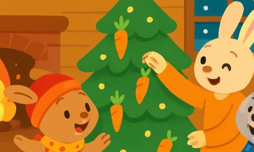 Un petit lapin nommé Noisette, avec un pelage brun et doux, porte un bonnet rouge et une écharpe à pois. Il est joyeux et curieux, sautillant devant un sapin décoré de carottes dorées. Sa maman, une lapine crème, sourit en accrochant une carotte, tandis que son papa, un lapin gris, rit avec des biscuits en forme d'étoiles. Ils sont réunis dans une maison en bois avec un feu crépitant, illuminant la pièce d'une lumière dorée. Le lieu est décoré de guirlandes lumineuses et des flocons de neige tombent à l'extérieur. Noisette et sa famille célèbrent le Nouvel An, entourés de rires et d'une ambiance festive.