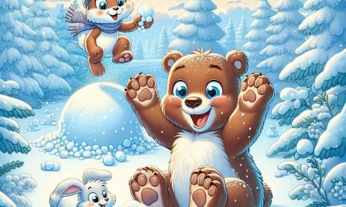 Un ours brun nommé Oscar, avec un pelage doux et des yeux malicieux, saute joyeusement dans un tas de neige, laissant des empreintes derrière lui. Il sourit largement, ses pattes levées en l'air. À côté, un petit lapin nommé Léo, avec des oreilles longues et ébouriffées, fait une boule de neige, prêt à la lancer vers Oscar. La scène se déroule dans une forêt enchantée, avec des arbres couverts de neige scintillante et un ciel bleu clair parsemé de flocons. Oscar et Léo s'amusent ensemble dans la neige, construisant des bonhommes et jouant à se lancer des boules de neige, remplis de rires et d'amitié.
